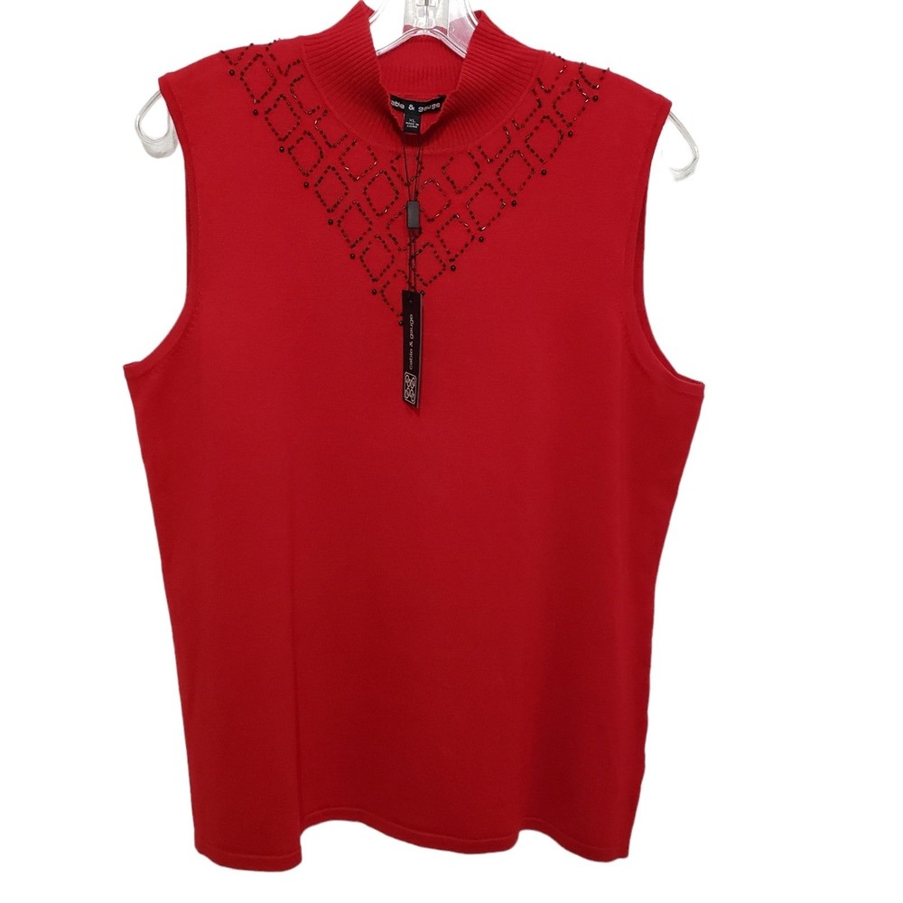Cable & Gauge XL Sleeveless Red Blouse with Mock Neck, Jeweled Neck Decor